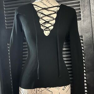 Zara Black Lace-Up Ribbed Long Sleeve Top